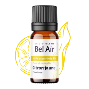 Flacon d'huile essentielle de Citron Jaune bio.