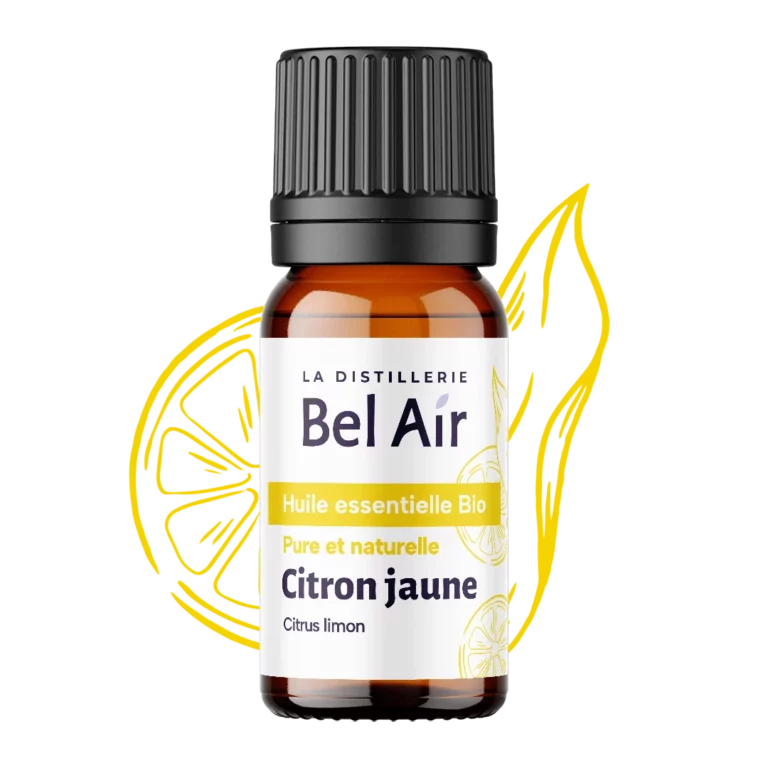 Flacon d’huile essentielle bio citron jaune Bel Air sur fond noir