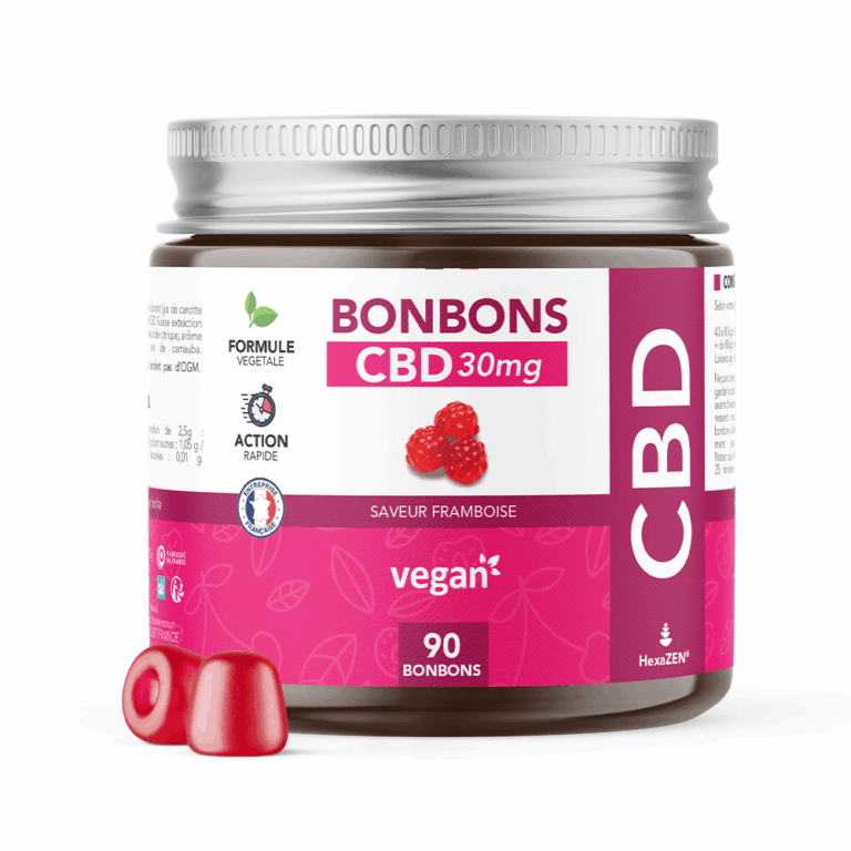 Pot de bonbons CBD 30mg saveur framboise vegan HexaZEN