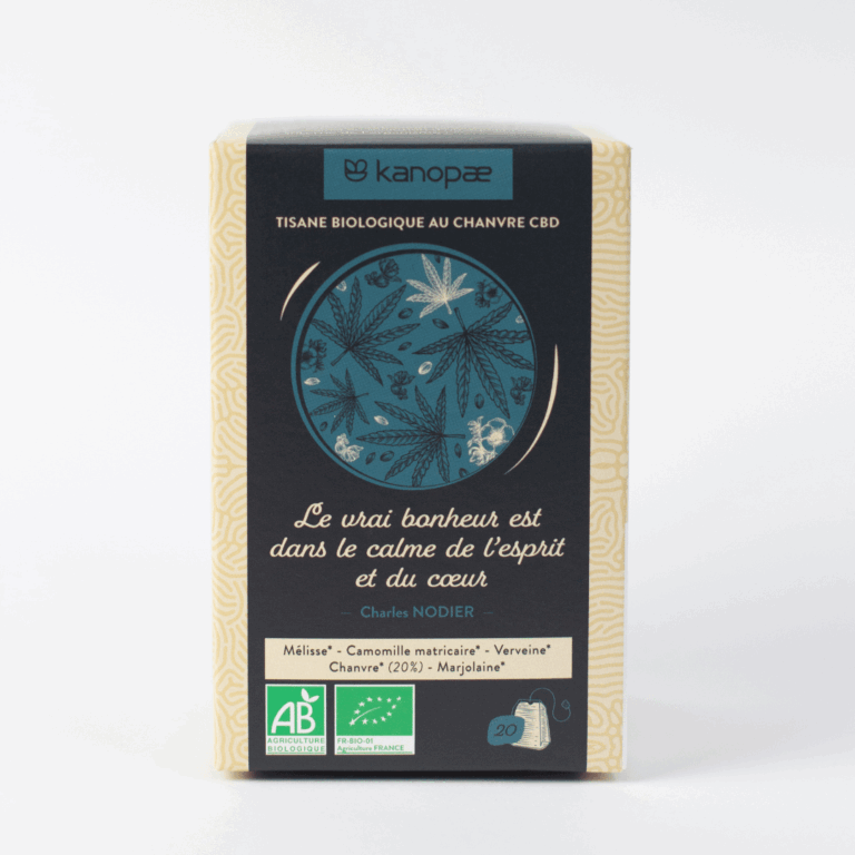 Boite tisane biologique chanvre CBD Kanopae calme esprit et cœur