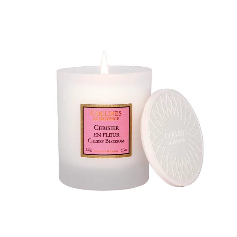 Bougie parfumée Collines de Provence cerisier en fleur couvercle blanc
