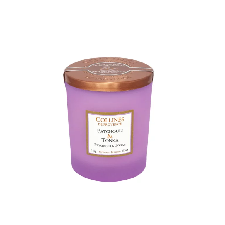Bougie parfumée violette Collines de Provence patchouli tonka couvercle cuivre
