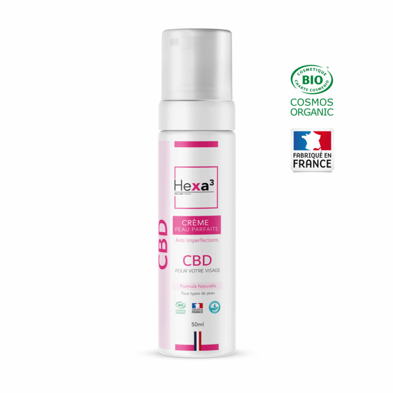 Flacon pompe Hexa3 crème CBD peau parfaite anti imperfections 50ml