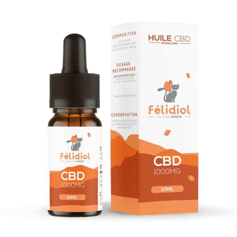 Flacon huile CBD Felidiol pour chat 1000mg avec boite
