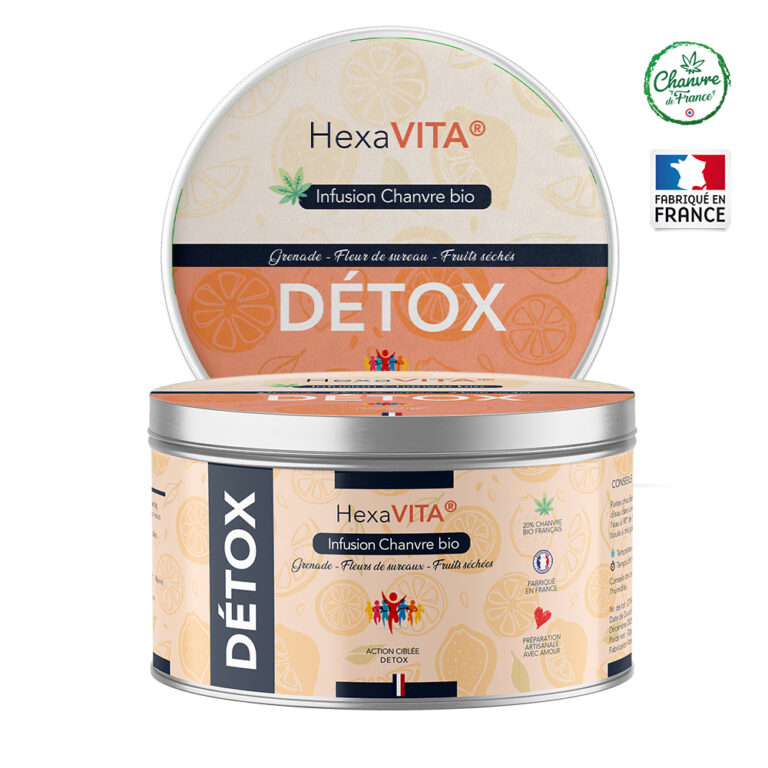 Boîte infusion chanvre bio HexaVITA detox grenade sureau fruits séchés