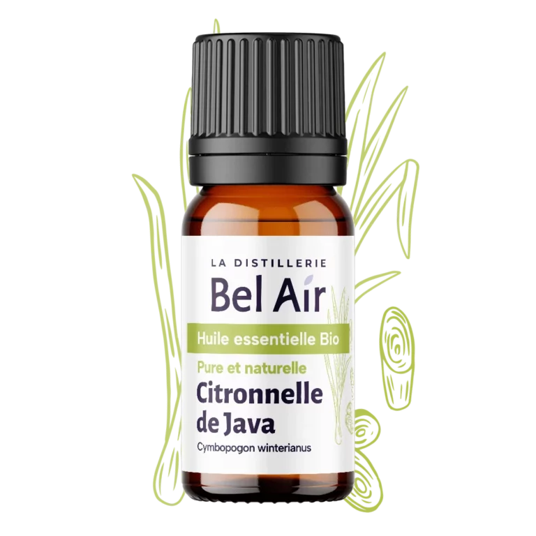 Flacon d’huile essentielle bio Citronnelle de Java Bel Air, étiquette visible
