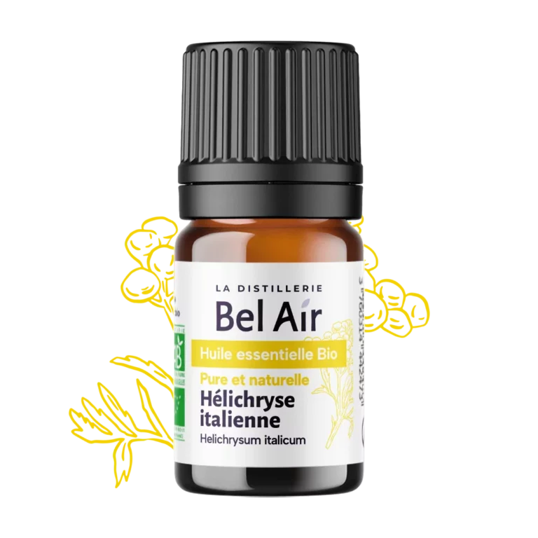 Flacon d’huile essentielle bio Hélichryse italienne Bel Air, label AB