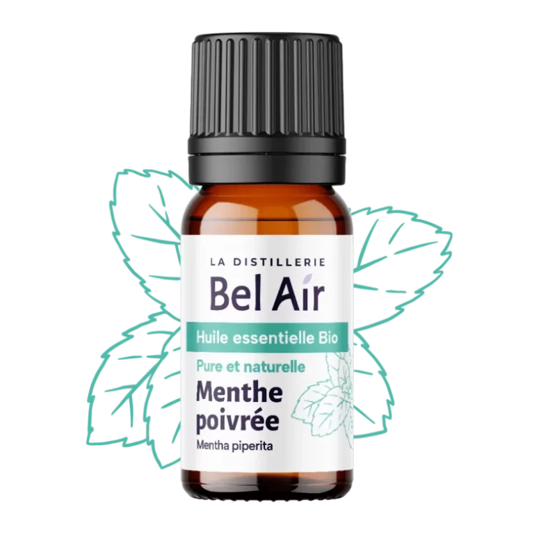Flacon d’huile essentielle bio Menthe poivrée Bel Air, packshot