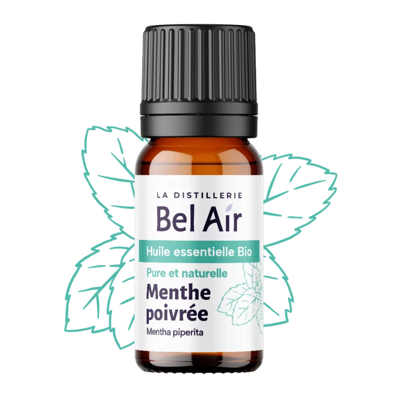 Flacon d'huile essentielle de Menthe Poivrée bio.
