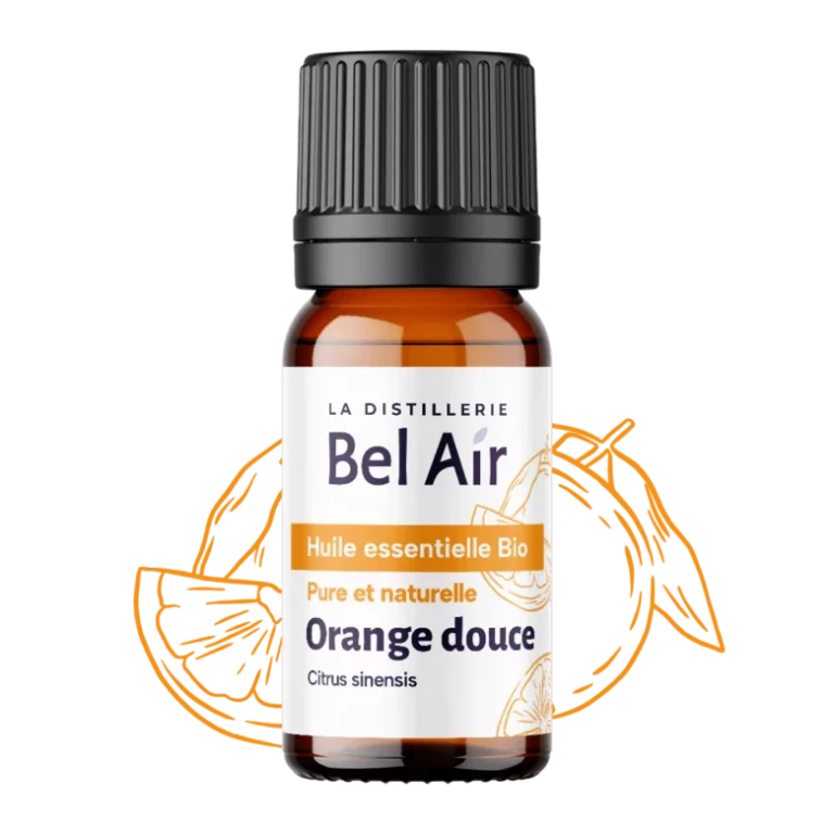Flacon d’huile essentielle bio Orange douce Bel Air, étiquette visible