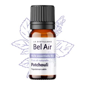 Flacon d'huile essentielle de Patchouli bio.