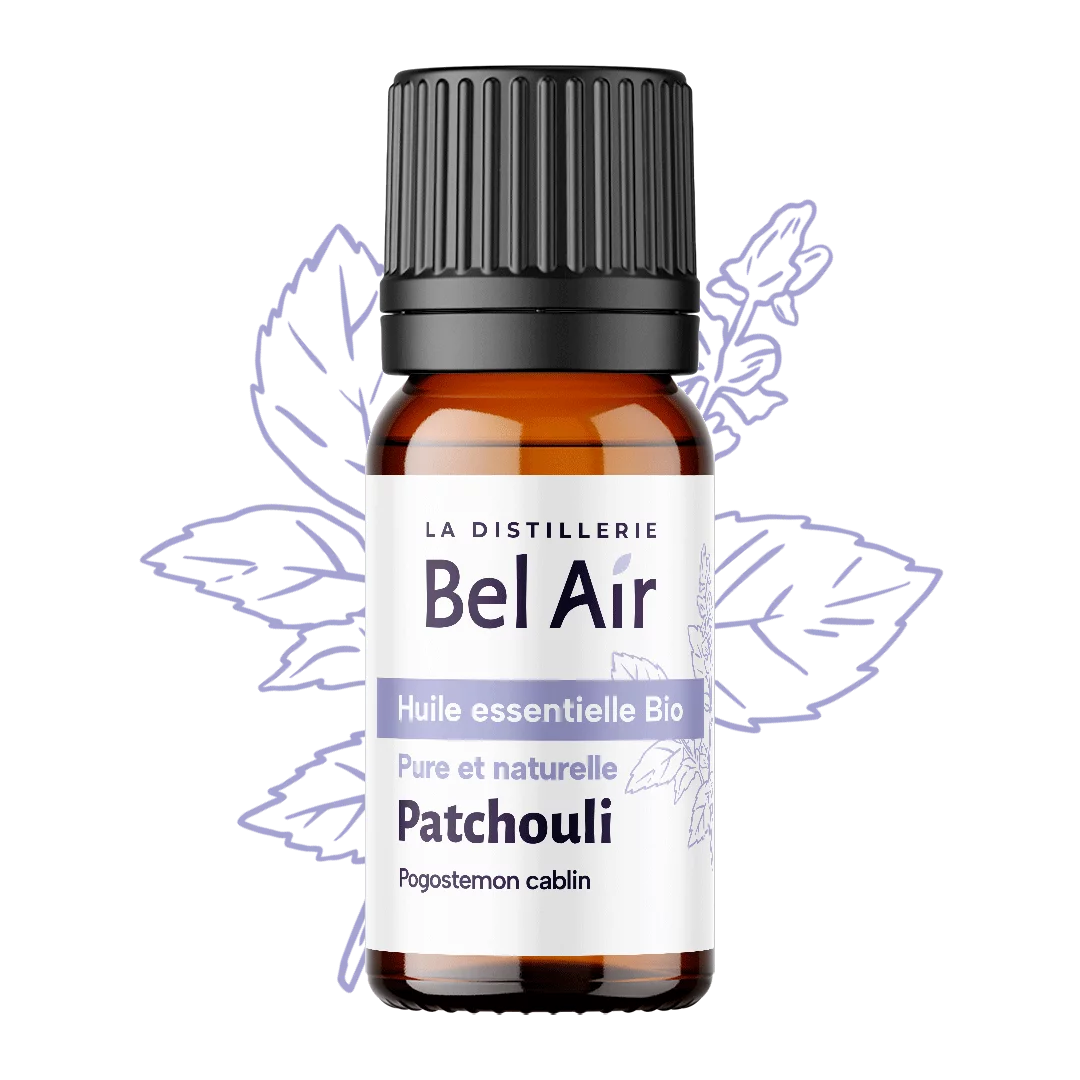 Flacon d'huile essentielle de Patchouli bio.