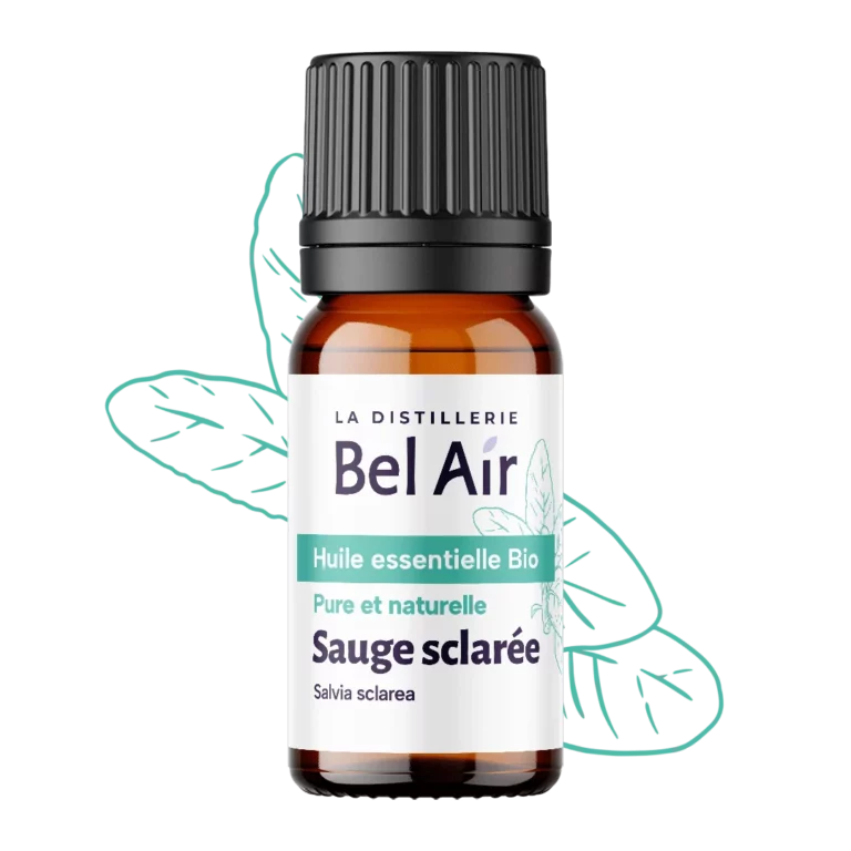 Flacon d’huile essentielle bio sauge sclarée Bel Air sur fond noir