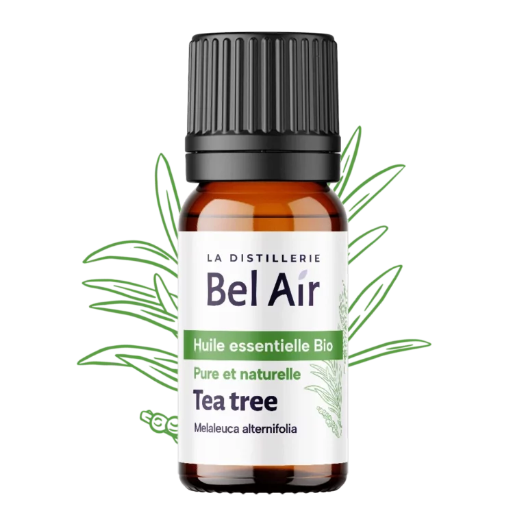 Flacon d’huile essentielle bio tea tree Bel Air sur fond noir