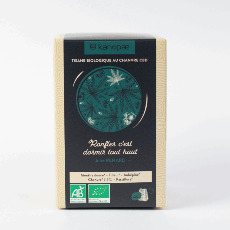 Boite tisane biologique au chanvre CBD Kanopae fond noir et beige