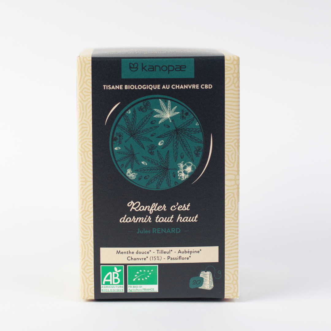 Découvrez la tisane CBD "Ronfler c'est dormir tout haut" de Kanopae : une infusion bio au chanvre et plantes pour un sommeil réparateur. Aide naturelle contre le ronflement et l'insomnie légère. Fabrication française.