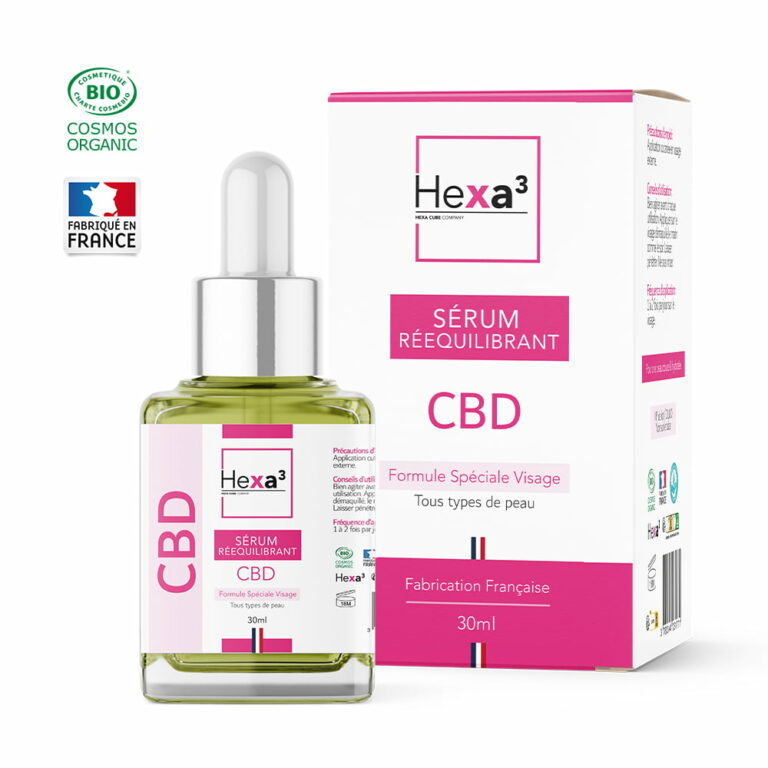 Flacon sérum rééquilibrant CBD Hexa3 avec étui carton 30ml