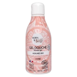 Flacon de Gel Douche Agrumes bio Born to Bio pour la vitalité.