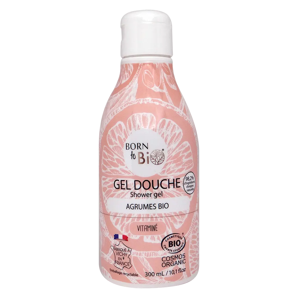 Flacon de Gel Douche Agrumes bio Born to Bio pour la vitalité.