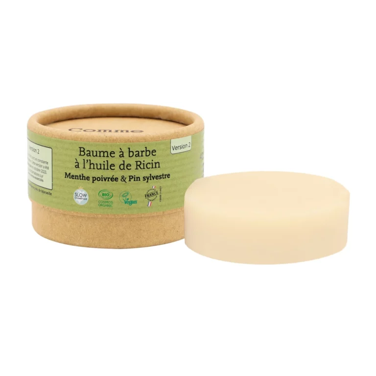 Boite baume à barbe solide ricin menthe poivree pin sylvestre