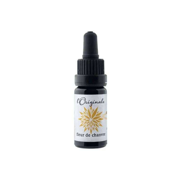 Flacon compte-gouttes noir l’Originale fleur de chanvre étiquette blanche jaune
