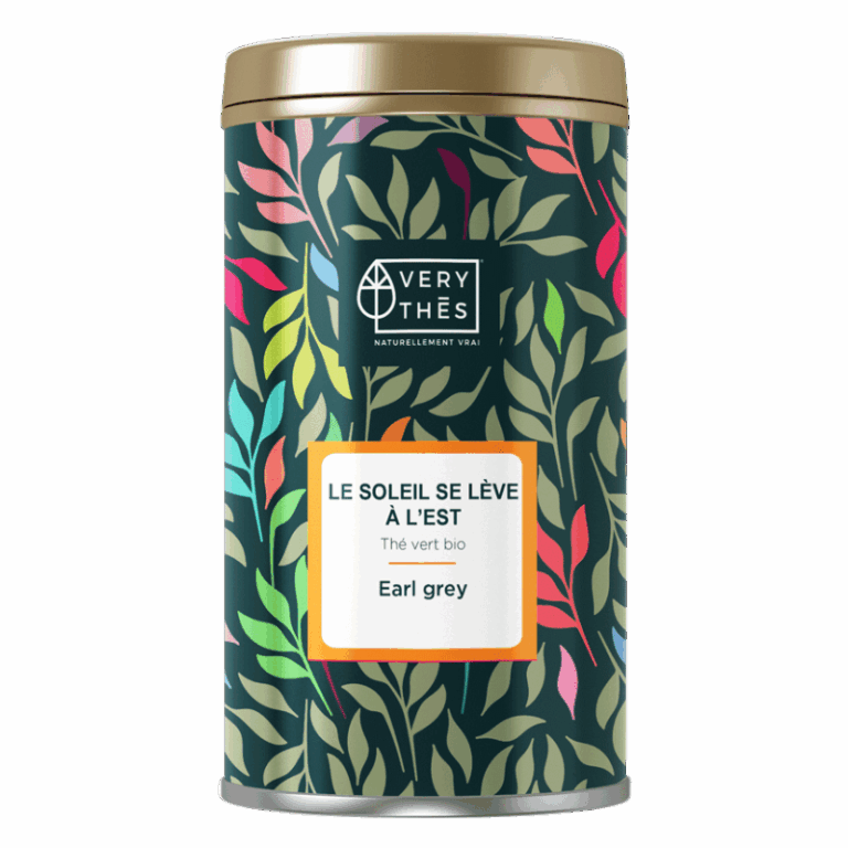 Boîte de thé vert bio Earl Grey Very Thes décor feuilles colorées