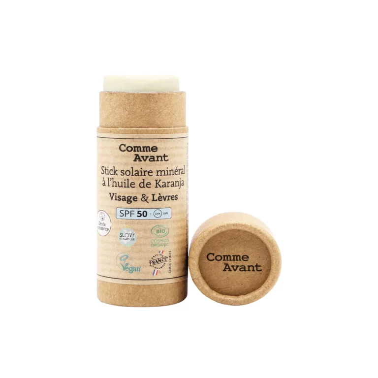 Stick solaire minéral SPF 50 Comme Avant visage levres carton