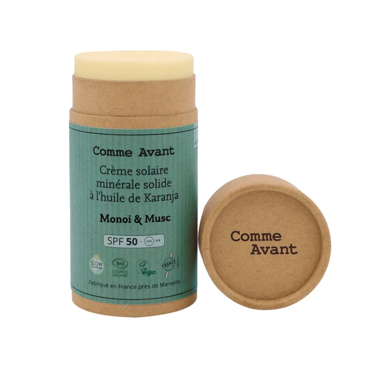 Stick crème solaire minérale solide SPF 50 Comme Avant, capuchon à côté