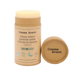 Crème solaire minérale bio SPF50 solide au karanja pour visage et corps