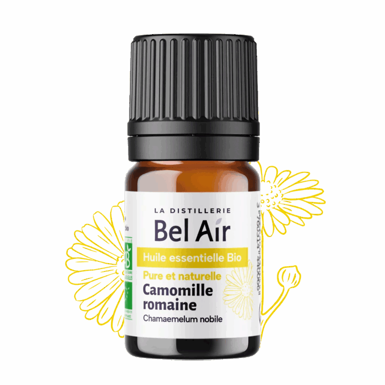 flacon huile essentielle bio camomille romaine bel air avec fleur