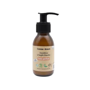 Dentifrice bio naturel en pâte à l’argile blanche Comme Avant – sans parfum et sans fluor – flacon verre rechargeable