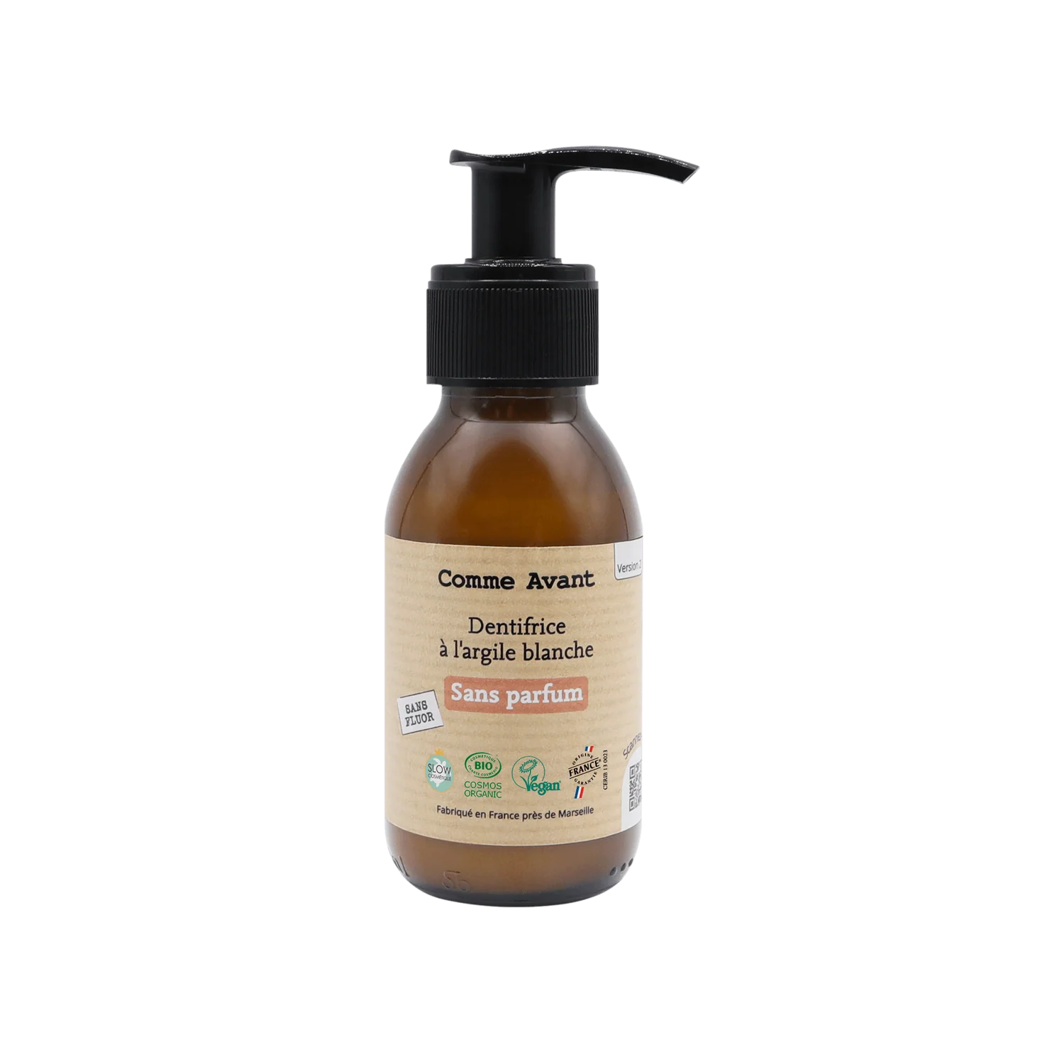 Dentifrice bio naturel en pâte à l’argile blanche Comme Avant – sans parfum et sans fluor – flacon verre rechargeable