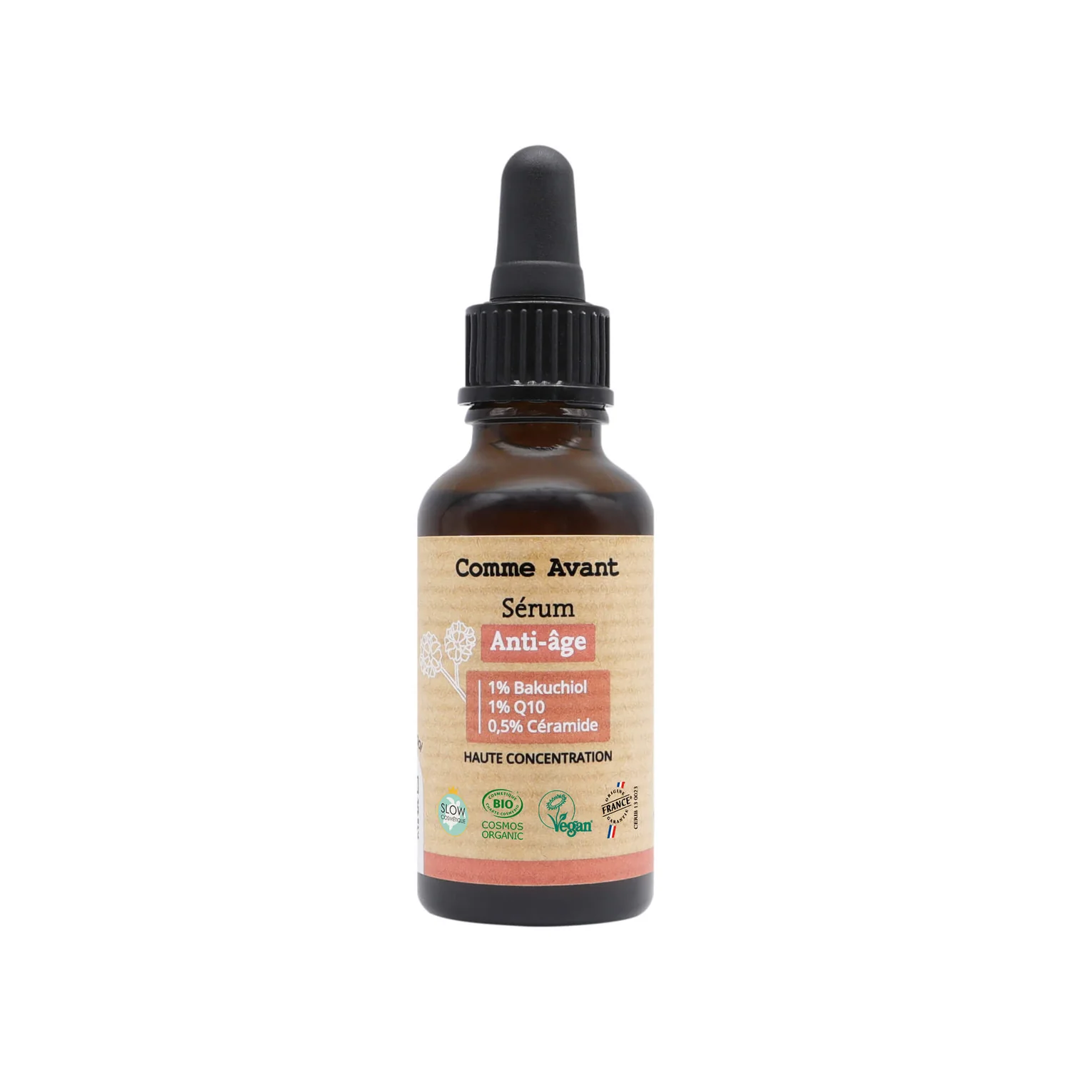 sérum anti-âge bio bakuchiol Q10 céramides flacon pipette