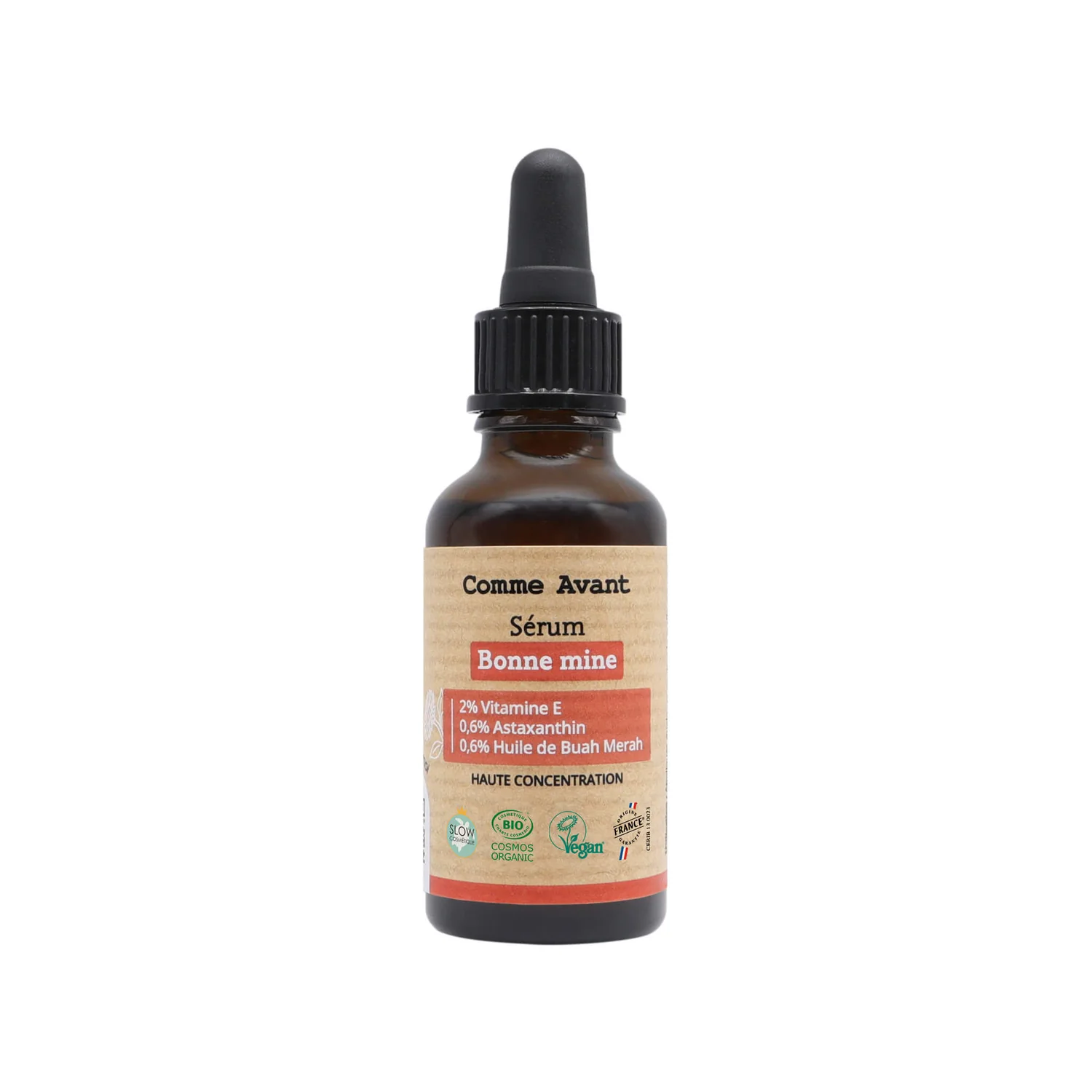 Sérum bonne mine bio naturel Comme Avant – Vitamine E, astaxanthine et buah merah – flacon pipette 30ml