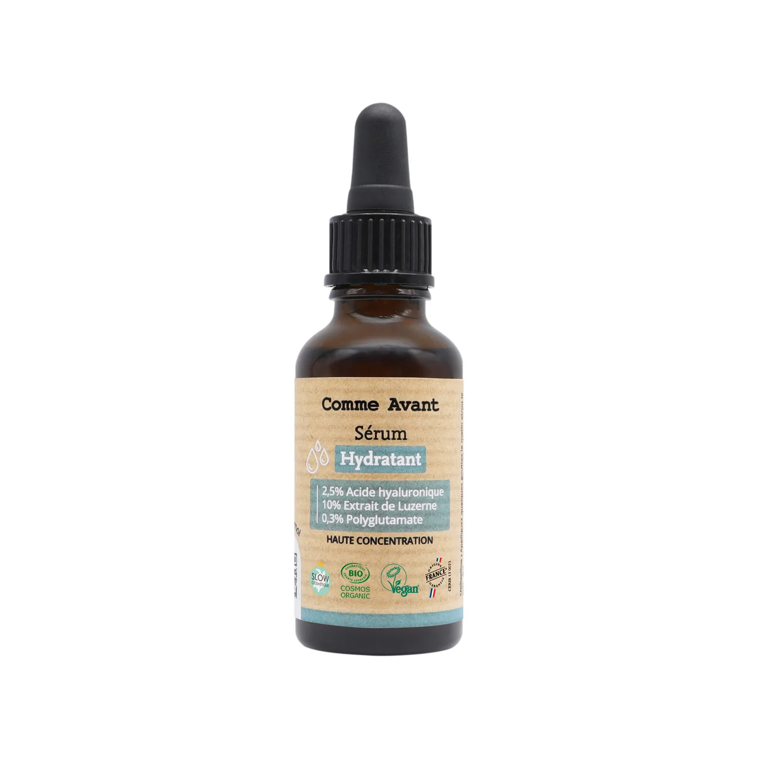 Sérum hydratant bio naturel à l’acide hyaluronique et luzerne Comme Avant – flacon pipette 30ml