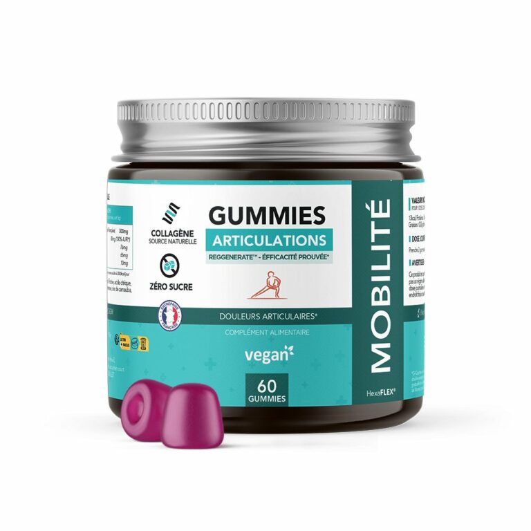 Pot de gummies articulations Mobilité, flacon brun et deux bonbons