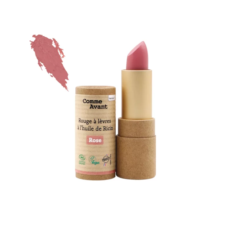 Rouge à lèvres Comme Avant rose, tube carton et swatch couleur
