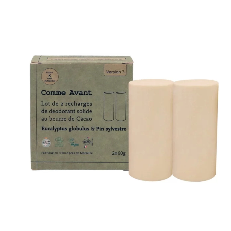 Recharges de déodorant solide Comme Avant, deux sticks beige eucalyptus pin