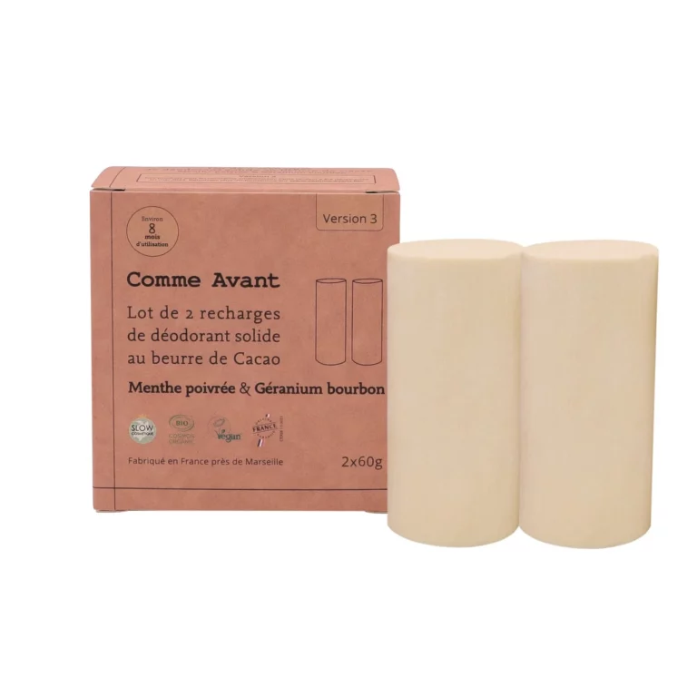 Recharges déodorant solide Comme Avant, deux sticks menthe géranium