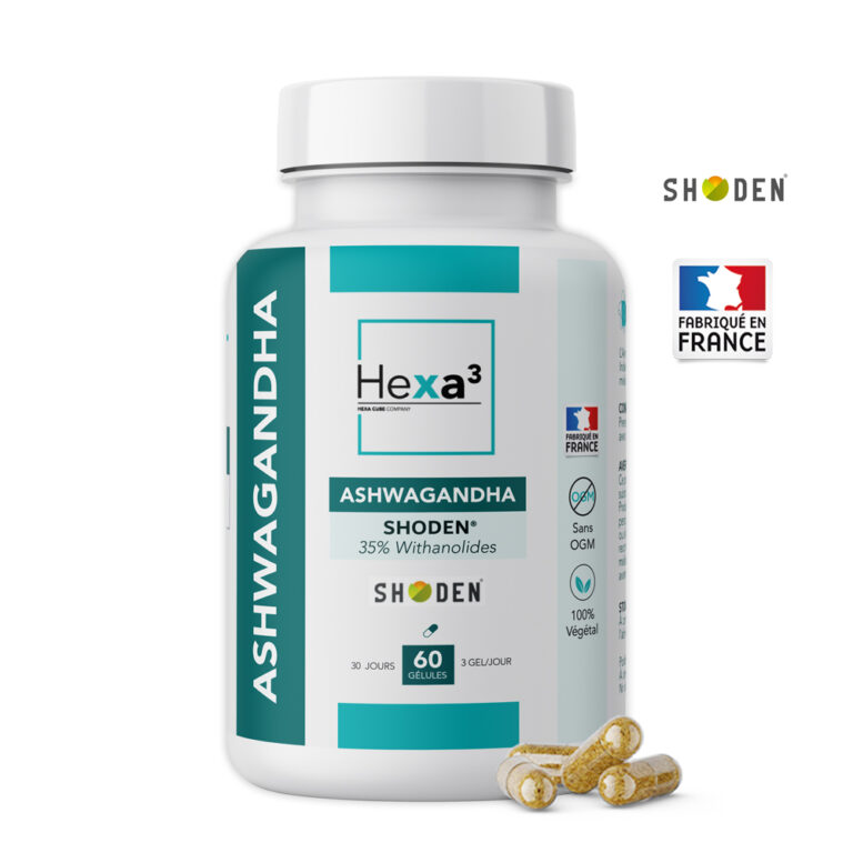 flacon ashwagandha hexa3 shoden 60 gelules avec capsules devant