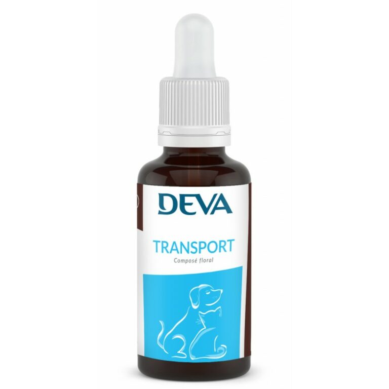 Flacon compte-gouttes DEVA transport composé floral pour chien sur fond blanc