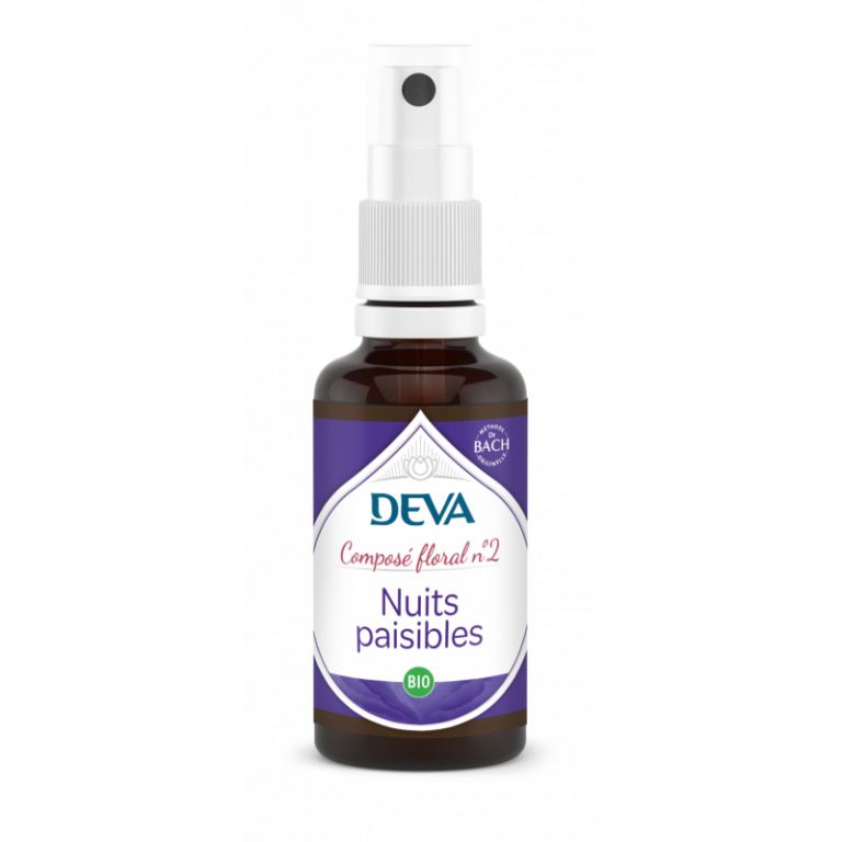 Spray DEVA composé floral 2 nuits paisibles bio sur fond blanc