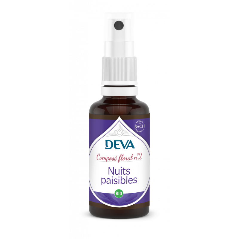 Spray DEVA composé floral 2 nuits paisibles bio sur fond blanc
