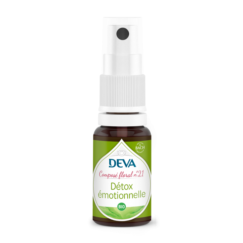 Spray DEVA composé floral 21 détox émotionnelle bio fond blanc