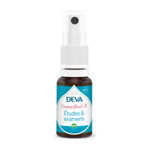 Spray DEVA composé floral 8 études et examens bio sur fond blanc