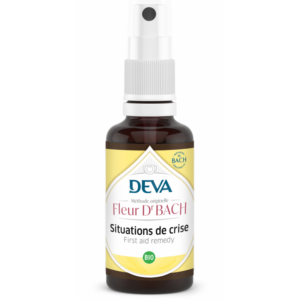 Spray DEVA Fleurs de Bach situations de crise bio sur fond blanc