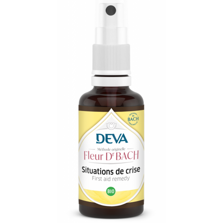 Spray DEVA Fleurs de Bach situations de crise bio sur fond blanc