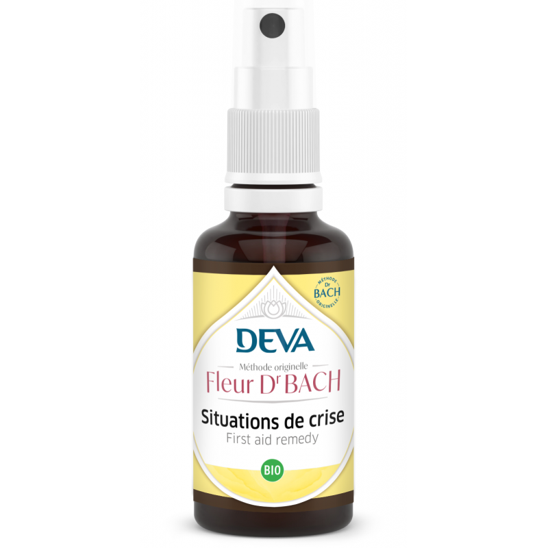 Spray DEVA Fleurs de Bach situations de crise bio sur fond blanc