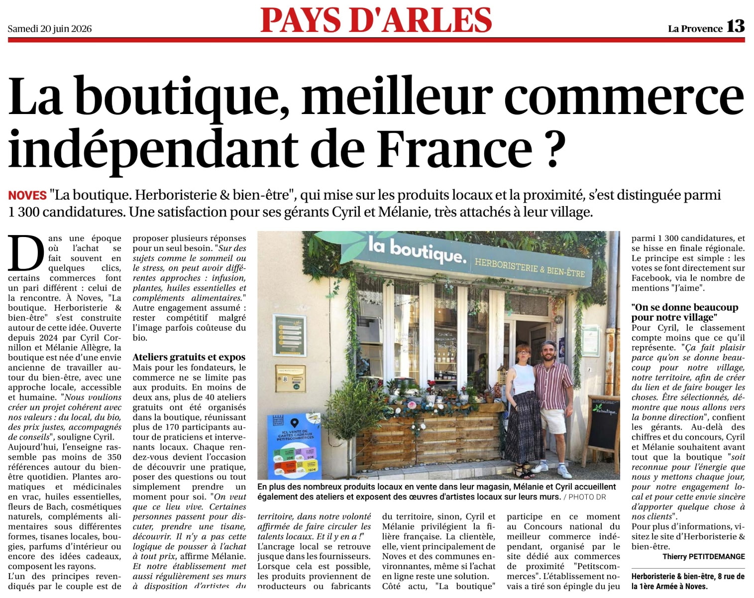 Article La Provence sur la boutique herboristerie à Noves